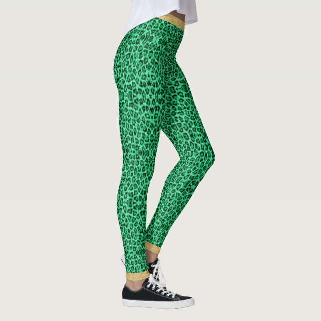 Long Haired Green  Leopard Skin Print Gold Glitter Leggings (Right)