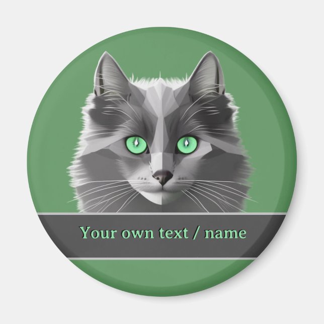 Long-haired Grey Kitty - Green-eyed Cat Face Magnet (Front)