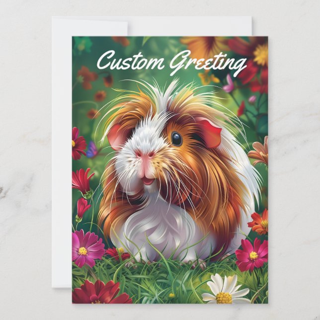 Long-Haired Guinea Pig Among Flowers Card (Front)