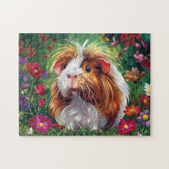 Long-Haired Guinea Pig Among Flowers Jigsaw Puzzle (Horizontal)