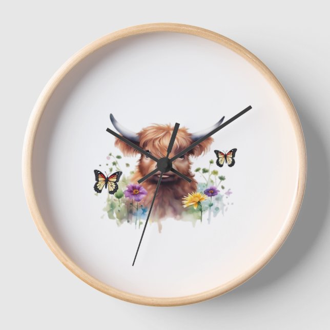 Long Haired Highland Baby Cow Classic T-Shirt Clock (Front)