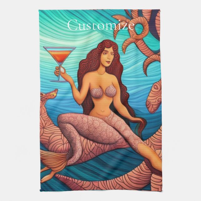 Long-haired Martini Mermaid Thunder_Cove  Tea Towel (Vertical)