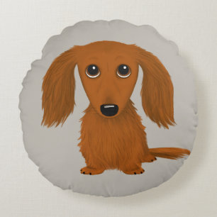 Long Haired Red Dachshund   Cute Doxie Cartoon Dog Round Cushion