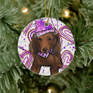 LONG HAIRED RED DOXIE CERAMIC TREE DECORATION