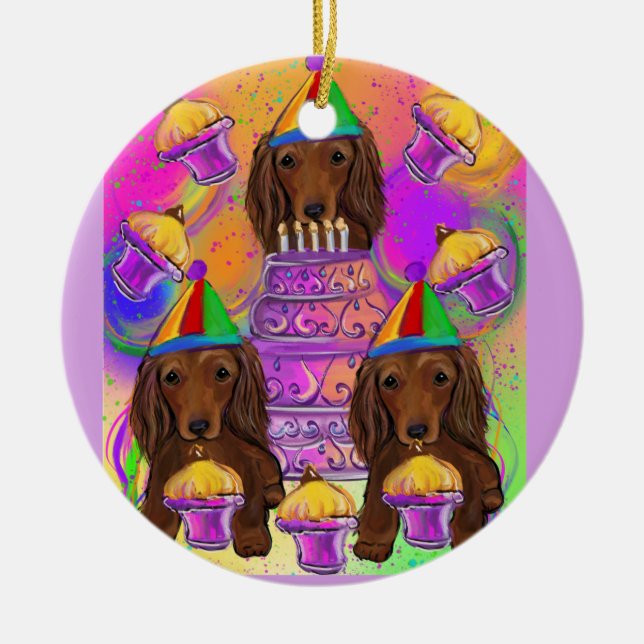 Long Haired Red Doxies Ceramic Tree Decoration (Front)