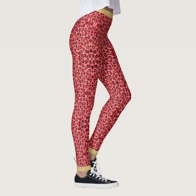 Long Haired Red Leopard Skin Print Gold Glitter Leggings (Right)