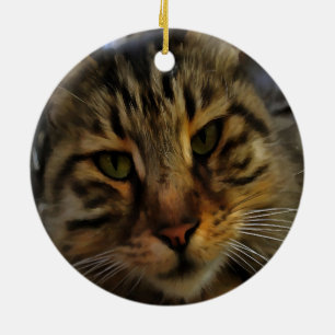 Long Haired Tabby Cat Artistic Pet Portrait v2 Ceramic Tree Decoration