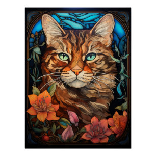 Long-haired Tabby Cat Stained Glass Window Design Poster