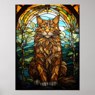 Long-Haired Tabby Cat Stained Glass Window Feline Poster