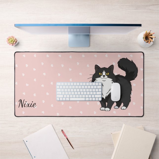 Long Haired Tuxedo Cat Mum Personalised Desk Mat (Office 1)