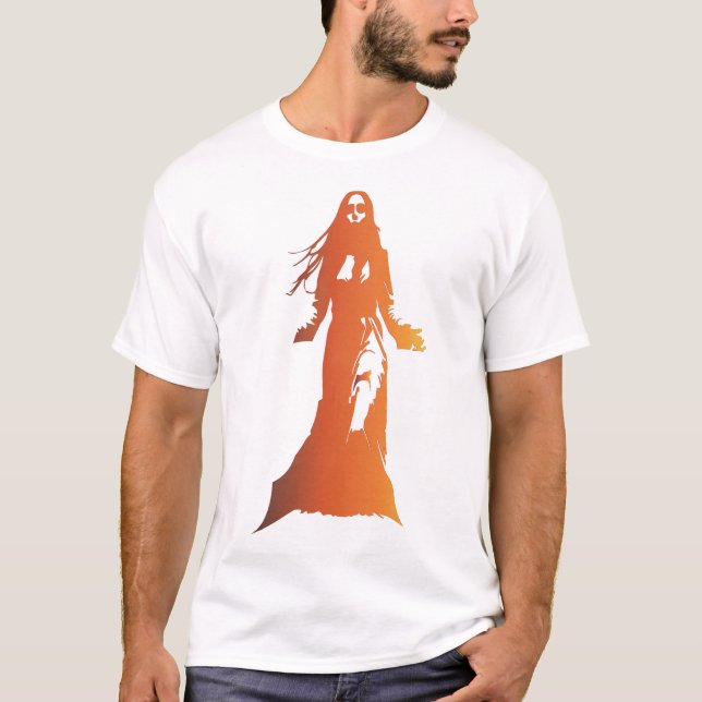  long-haired woman in an orange-toned silhuette T-Shirt (Front)