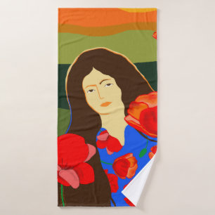 Long haired woman walking in poppy field  bath towel