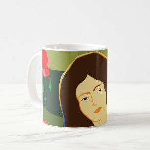 Long haired woman walking in poppy field coffee mug