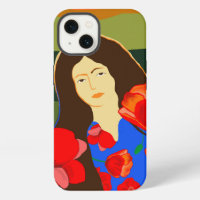 Long haired woman walking in poppy field