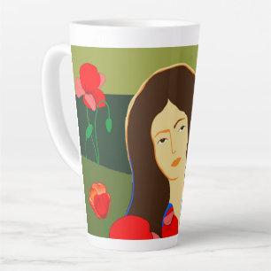 Long haired woman walking in poppy field latte mug