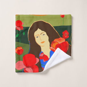 Long haired woman walking in poppy field wash cloth