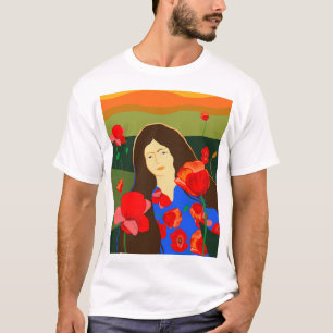 Long haired woman walking in red poppy field  T-Shirt