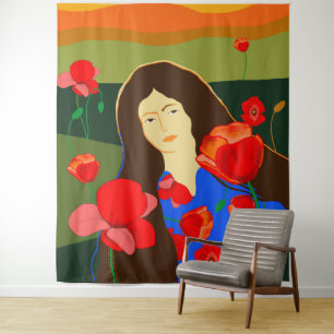 Long haired woman walking in red poppy field  tapestry