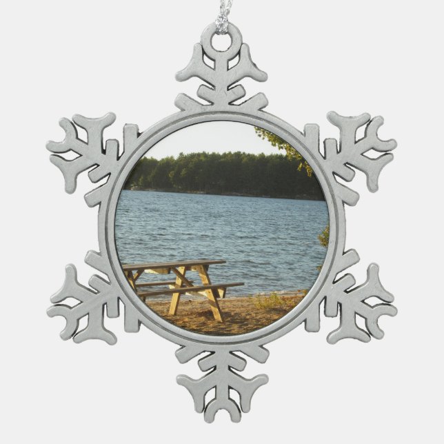 Long Island Beach Bench Snowflake Pewter Christmas Ornament (Front)