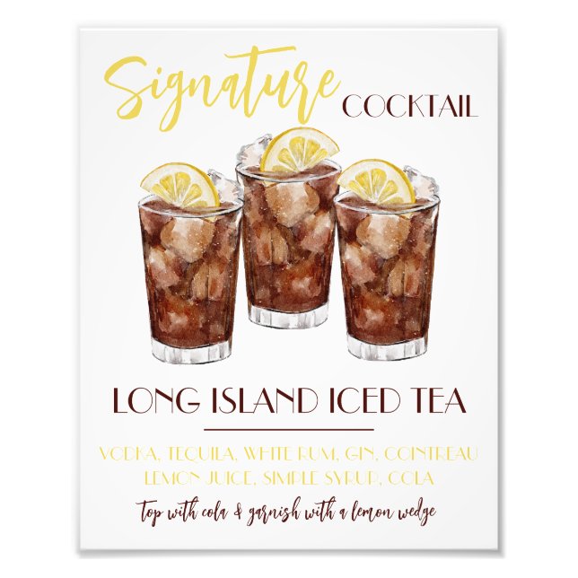 Long Island Iced Tea Signature Cocktail Recipe Photo Print (Front)