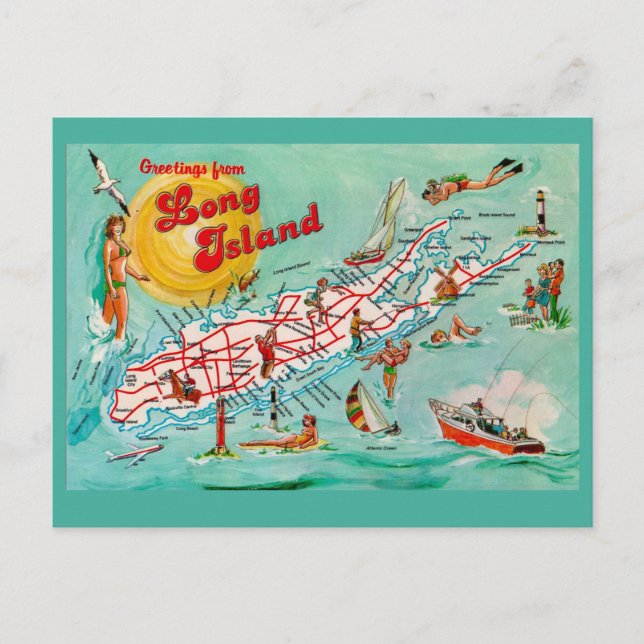 Long Island Illustrated Map Postcard (Front)