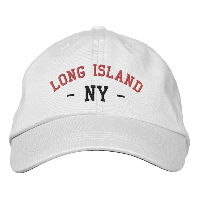 LONG ISLAND NY Preppy Red Black on White Embroidered Hat (Front)
