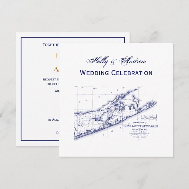 Long Island The Hamptons Map SQ Wedding Invitation (Front/Back)