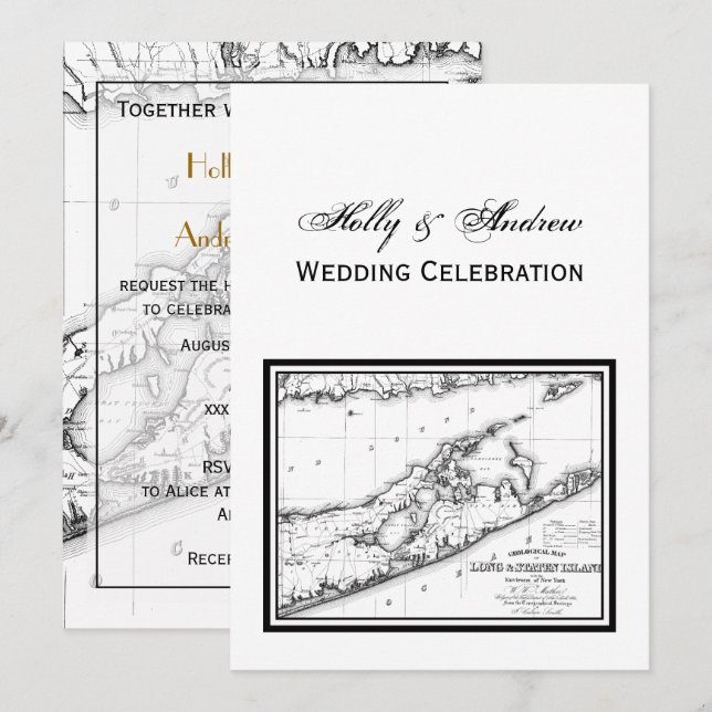 Long Island The Hamptons Map VC Wedding Black Invitation (Front/Back)