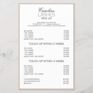 Long Lash Extensions Cream Bordered Price List Flyer