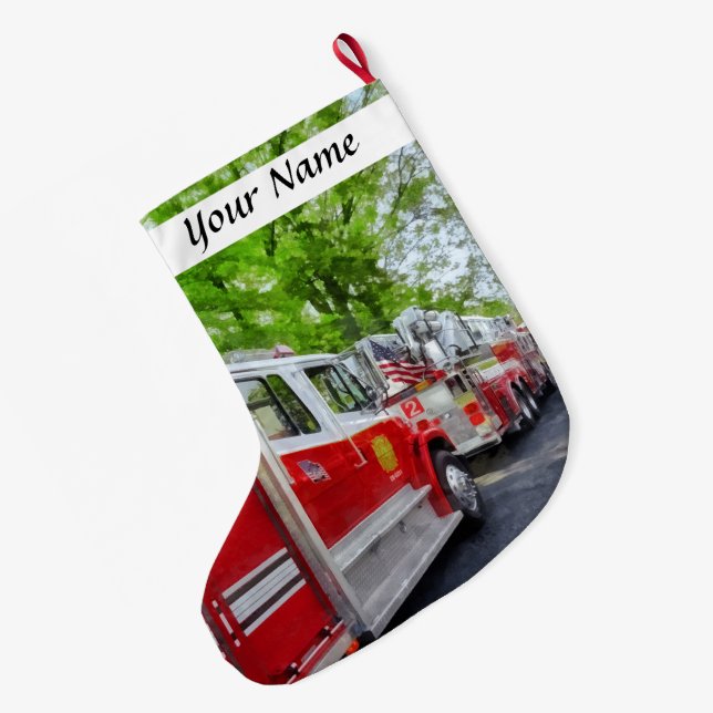 Long Line of Fire Trucks Large Christmas Stocking (Back (Hanging))