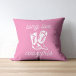 Long Live Cowgirls | Retro Pink Cowgirl Boots  Cushion<br><div class="desc">This light pink pillow text features the phrase 'Long Live Cowgirls' with pair of cowboy boots in the coastal cowgirl aesthetic. Add this retro pink cowgirl throw pillow to your space today! Check out the other coordinating items in the collection.</div>