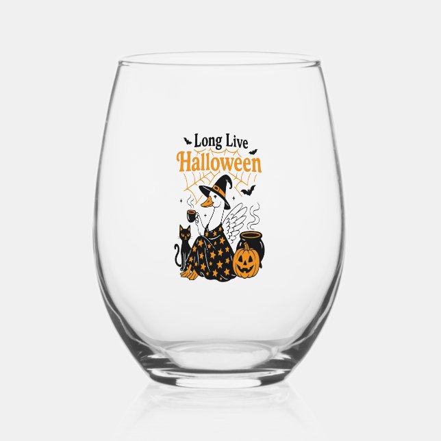 Long Live Halloween Goose Witch Stemless Wine Glass (Front)