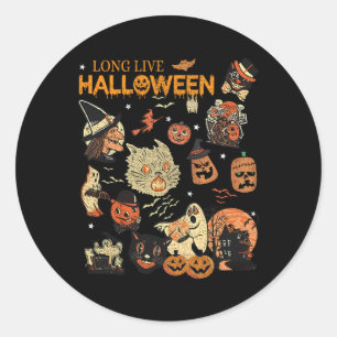 Long Live Halloween Vintage Pumpkin Witch Ghost Bl Classic Round Sticker