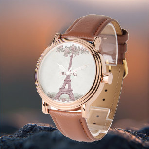 Long Live Paris Shabby Chic Art Eiffel Tower Pink Watch
