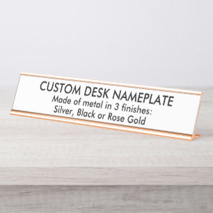 Long Metal Custom Desk Nameplate: Rose Gold Finish Name Plate