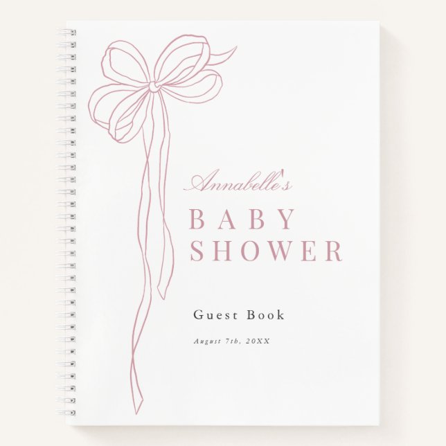 Long Pink Bow Ribbon Girl Baby Shower Guest Book (Front)
