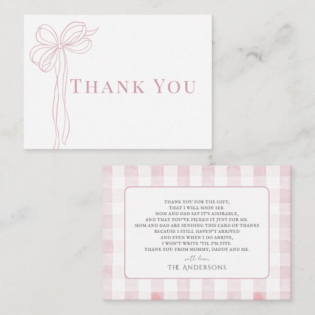 Long Pink Bow Ribbon Girl Baby Shower Thank You Card (Front/Back)