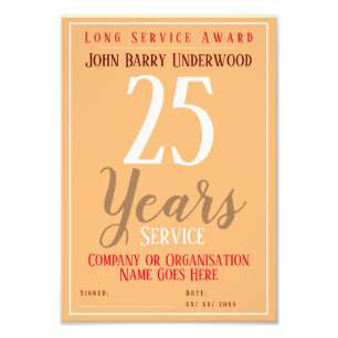 Long Service Award Certificate Photo Print