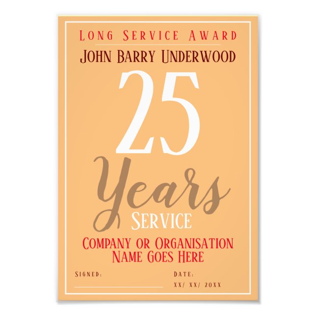 Long Service Award Certificate Photo Print (Front)