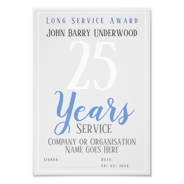 Long Service Award Certificate Photo Print (Front)