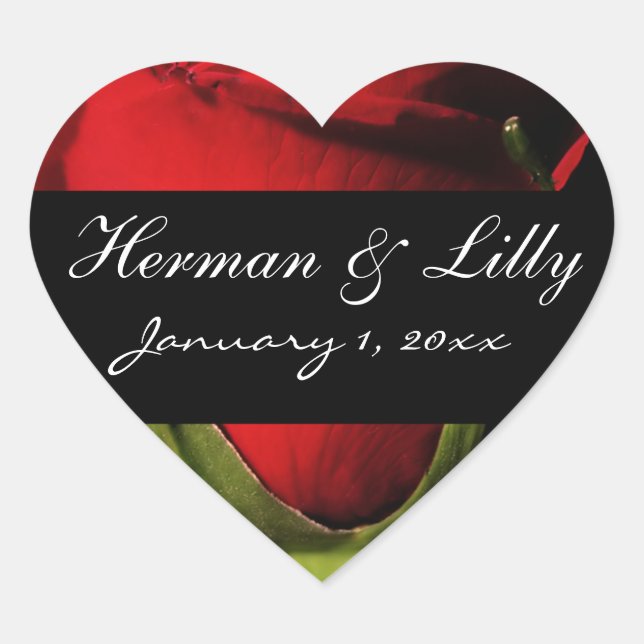 Long Stem Red Rose Personalised Wedding Heart Sticker (Front)