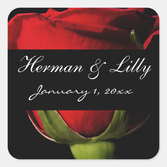 Long Stem Red Rose Personalised Wedding Square Sticker (Front)