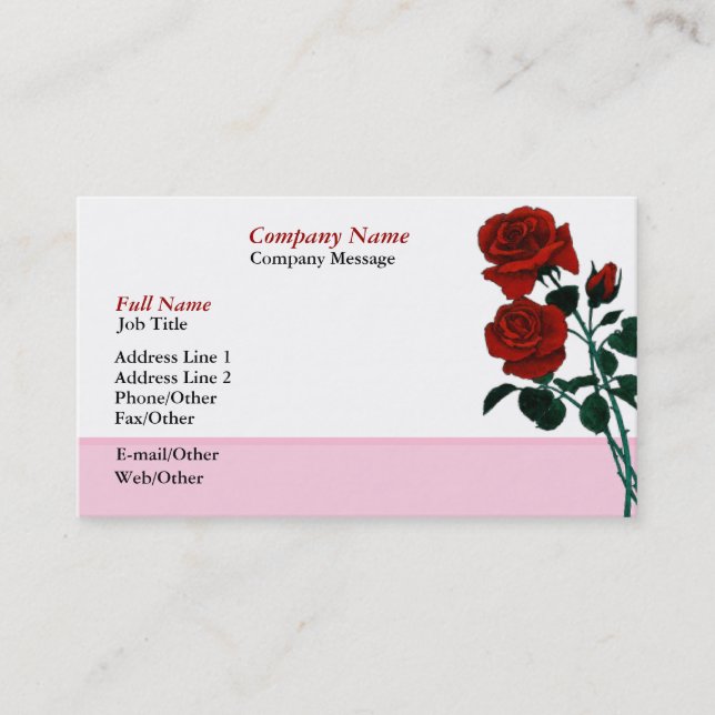 Long Stem Red Roses Business Card Template (Front)