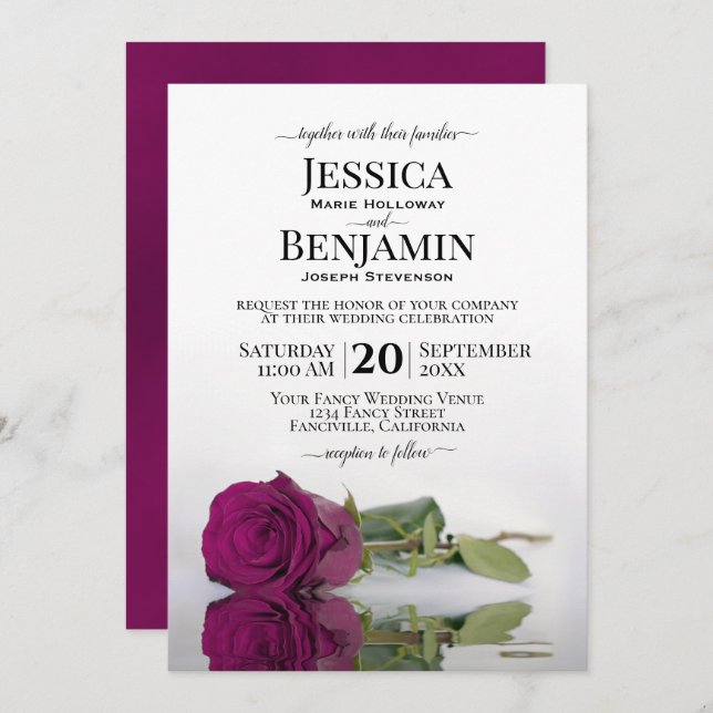 Long-Stemmed Cassis Purple Rose Elegant Wedding Invitation (Front/Back)