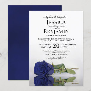 Long-Stemmed Dark Navy Blue Rose Elegant Wedding Invitation