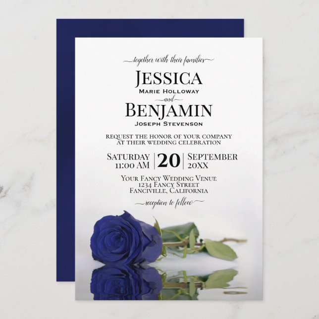 Long-Stemmed Dark Navy Blue Rose Elegant Wedding Invitation (Front/Back)