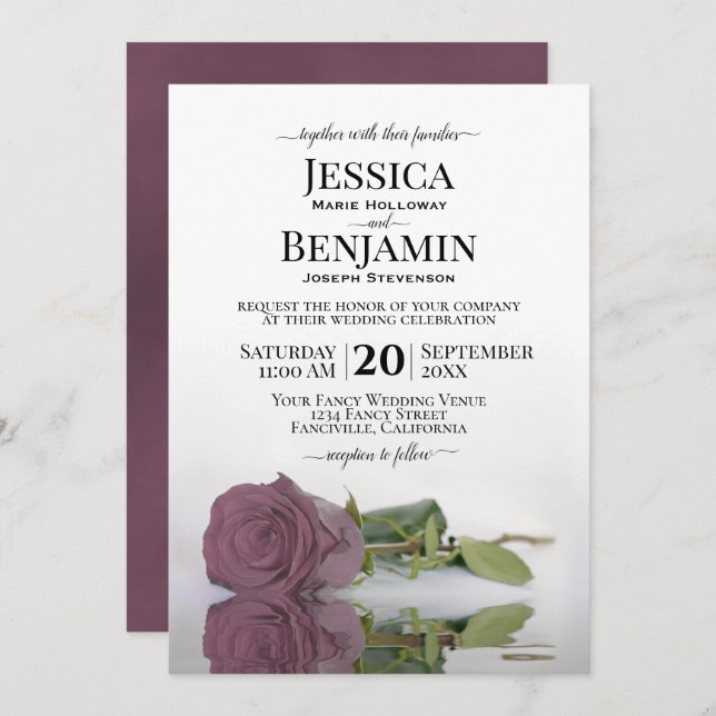 Long-Stemmed Dusty Mauve Rose Elegant Wedding Invitation (Front/Back)