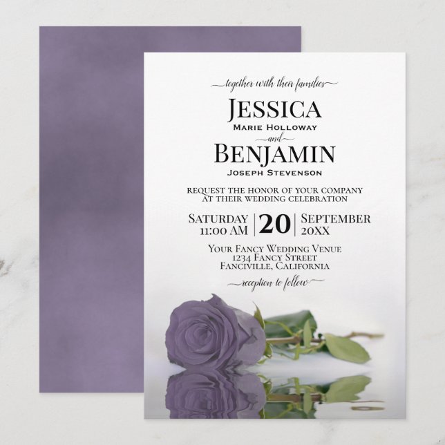 Long-Stemmed Dusty Purple Rose Elegant Wedding Invitation (Front/Back)