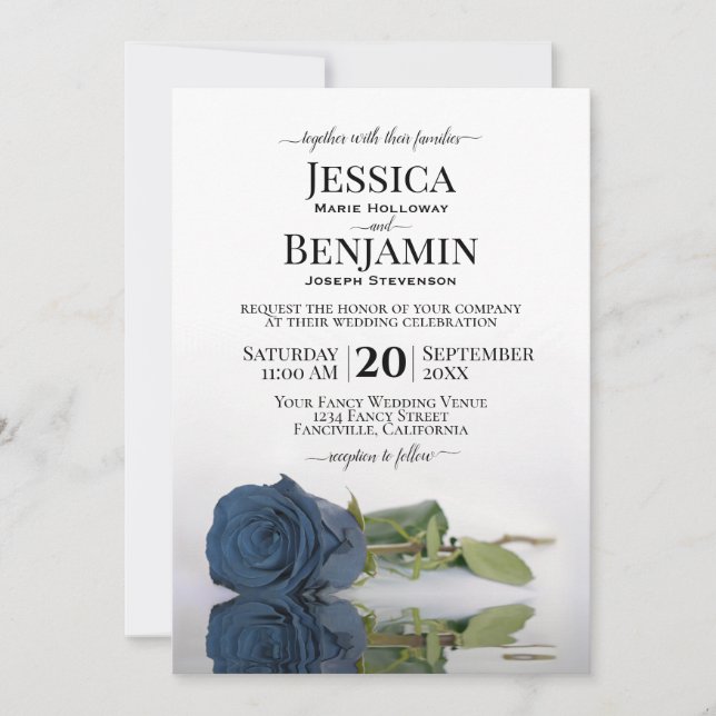 Long Stemmed Dusty Steel Blue Rose Elegant Wedding Invitation (Front)