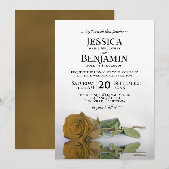 Long-Stemmed Golden Rose Elegant Wedding Invitation (Front/Back)